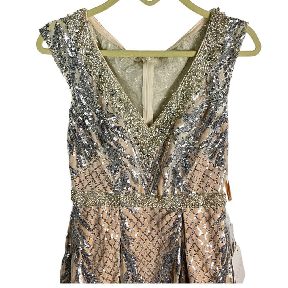 Mac‎ Duggal Beaded Nude Silver Dress 4 Art Deco Midi V Neck Gala 67533 - Picture 4 of 16